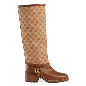 Gucci Lola Beige Monogram Canvas GG Logo Gaiter Riding Heel Knee High Boot 36
